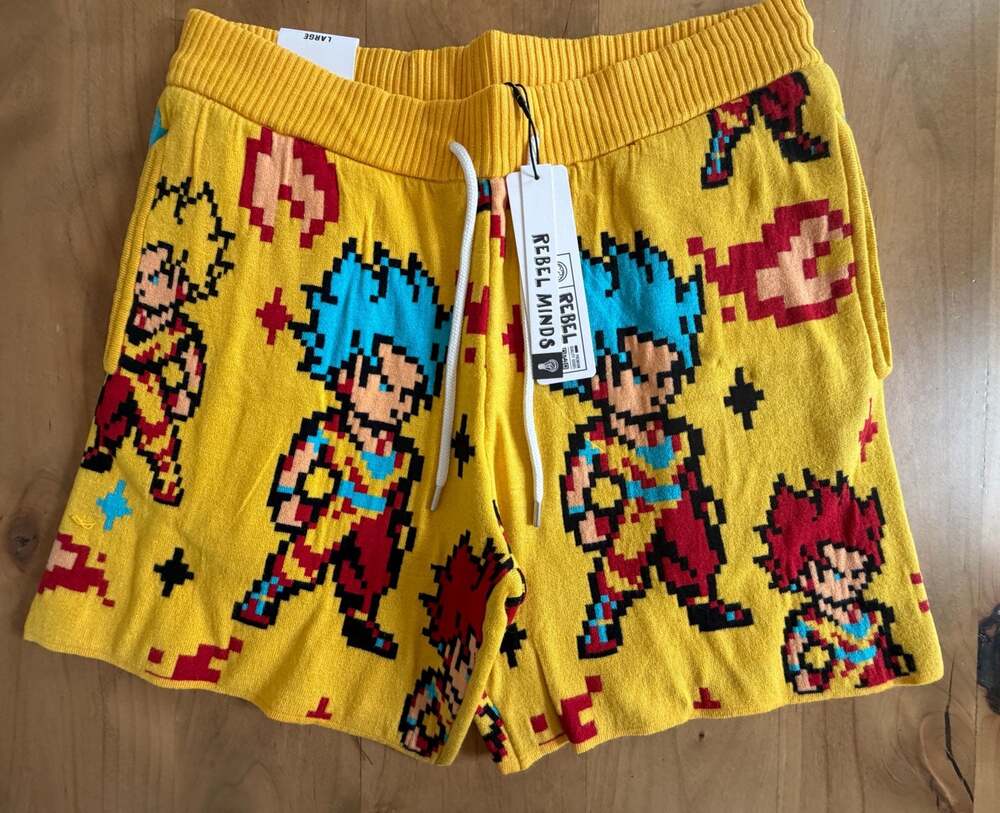 Rebel Minds Knitted Dragon Ball Z Goku Pixel Art Shorts, Yellow Large